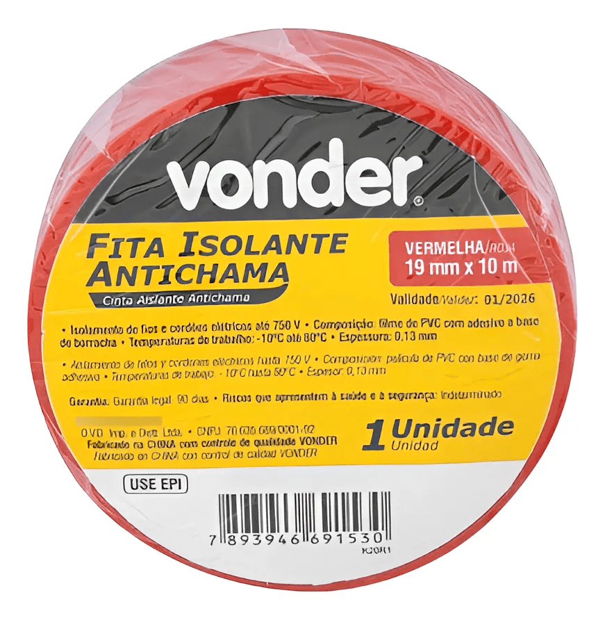 Fita Isolante Antichama 19mm x 10mt Vermelha VONDER
