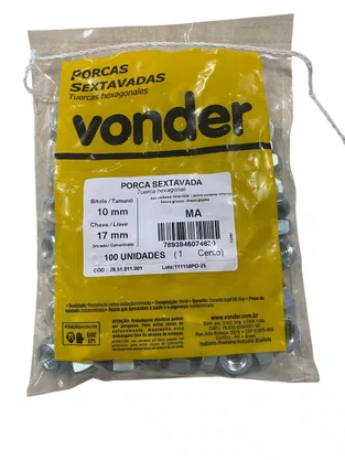 100 Porca Sextavada M10 10mm MA Zincada Branca - KIT