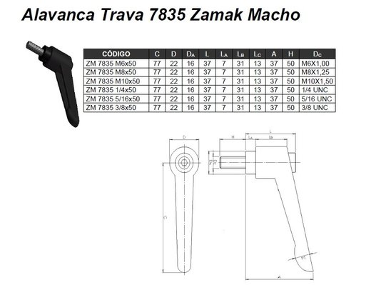 Alavanca Trava 78 M6x50 ZAMAK