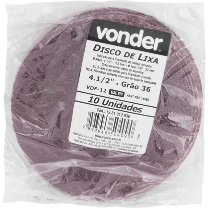 Disco Lixa 4 1/2X7/8 Gr- 36 Vonder