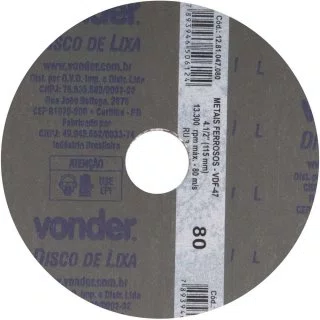 Disco Lixa 4 1/2X7/8 Gr- 80 Vonder