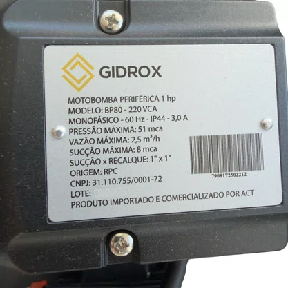 Motobomba Periférica BP80 1.0 HP MONO 220V GIDROX