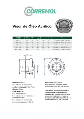 Visor de Óleo Acrílico BAQ 4423 1.1/8" BSP Liso