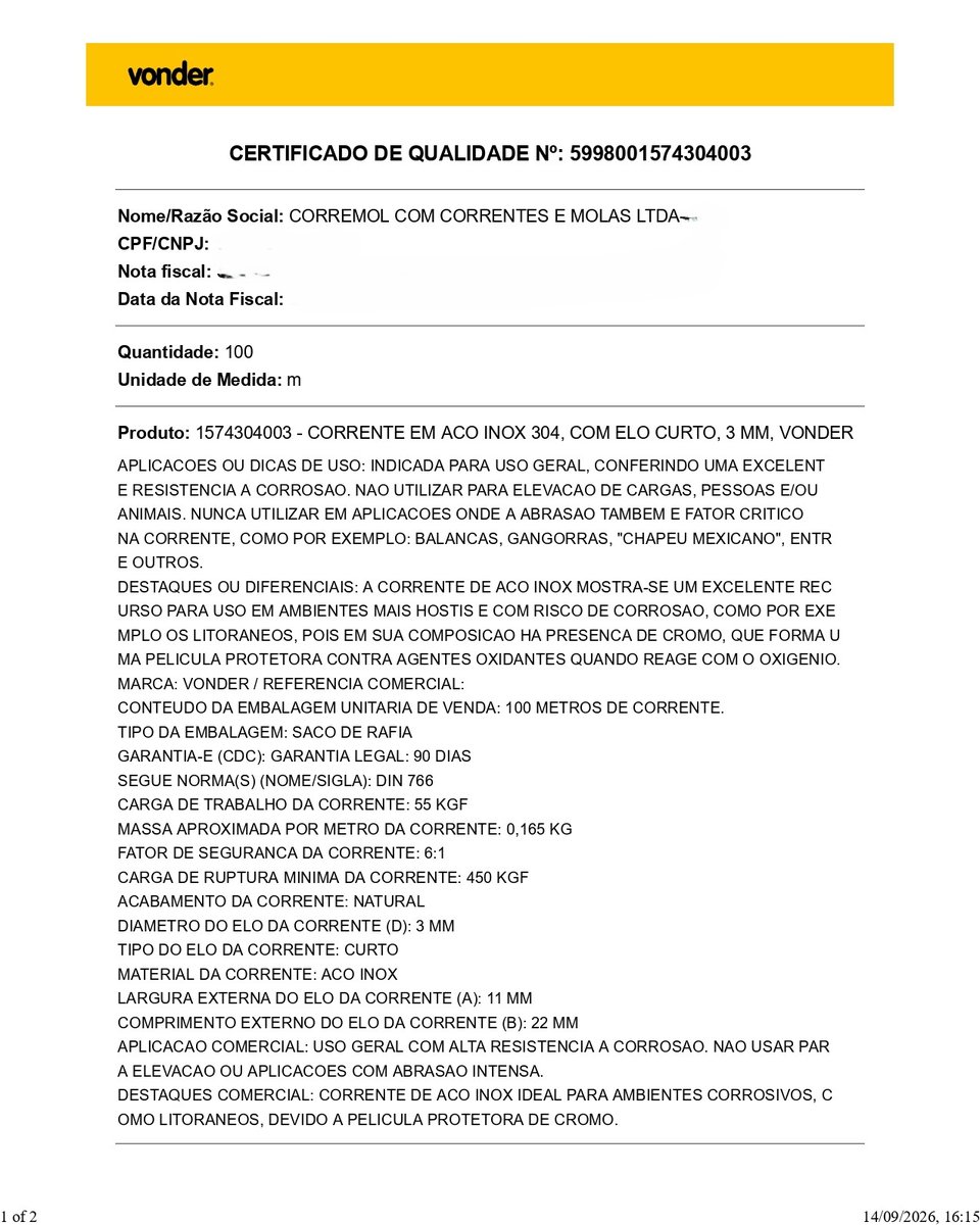 1mt Corrente Elos 3mm Aço Inox 304 - Vendida em Metros