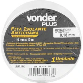 Fita Isolante 19Mmx10m Branca Vonder Plus
